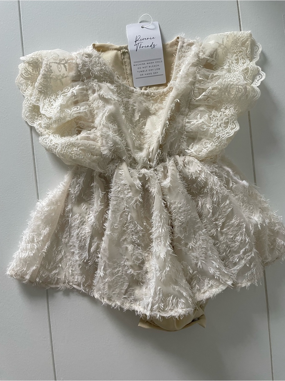 Cream Lace & Textured Flutter Dress for Girls